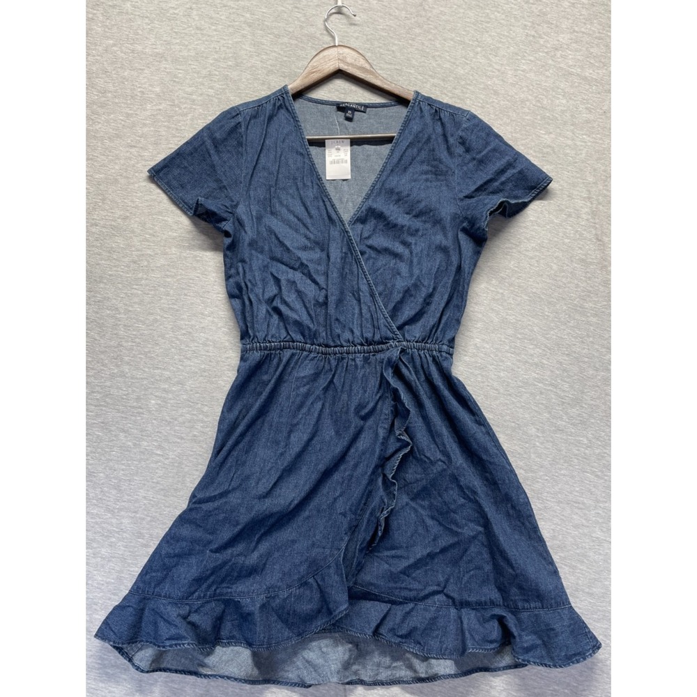 J.CREW Mercantile Wrap Mini Dress Womens XS Blue Ruffled Trim Cap Sleeve V-Neck